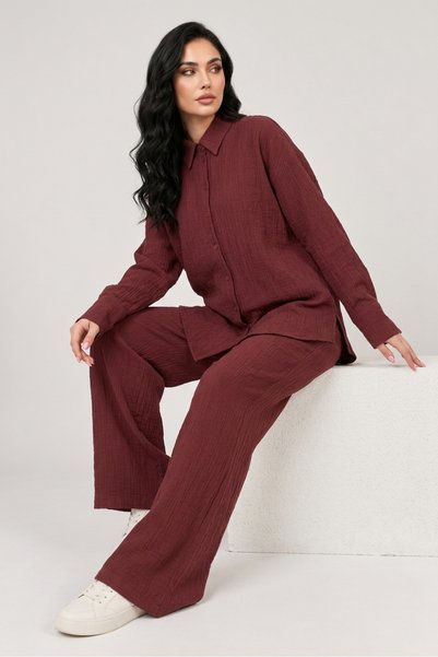 Meşe Moda Kadın Bordo Gömlek Pantolon İkili Alt Üst Takım