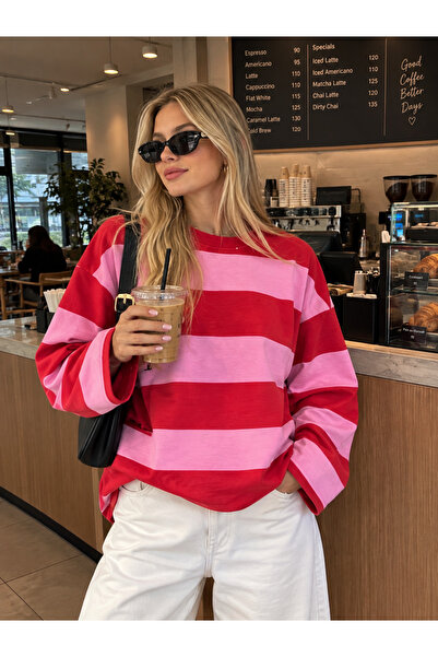 Wishstyling Kadın Kırmızı Pembe Kalın Çizgili Bisiklet Yaka Uzun Kol Sweatshi...