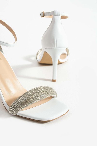 FOLLİNİ Women's Genuine Leather Evening Dress Shoes with White Silver Stones