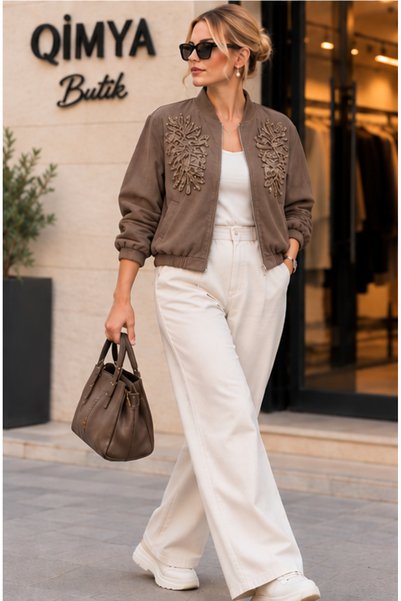 QİMYA BUTİK Egzoti̇k Asorti̇k Women's Chest Beaded Embroidered Lined Thin Premium Bomber Jacket