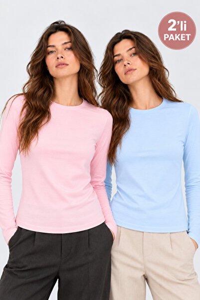 Nuevo Women's 2-Pack Crew Neck Long Sleeve Basic Body Blouse Pink Blue