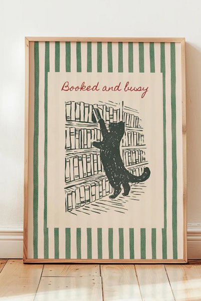 Taranist Poster - Booked and Busy Kitap Okuyan Kedi Kitapsever Vintage İllüst...