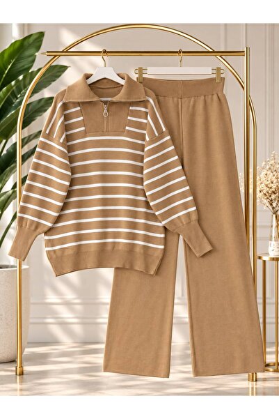 YILMAZBARMAZ Women's Hijab Striped Half-Zip Knitwear Set
