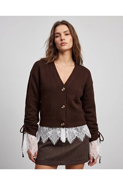 RYVAN Women's Stylish Lace and Ruffle Detailed Knitwear Cardigan