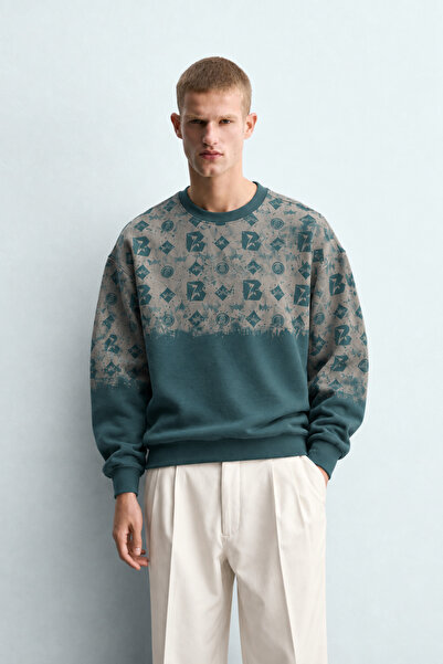 king brich Men's Geometric Pattern Printed Crew Neck Oversize Sweatshirt
