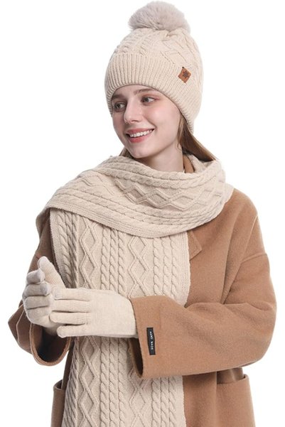 TERRIFI Winter Hat Scarf and Gloves Set for Women, 3-Piece Knitted Cold Weath...