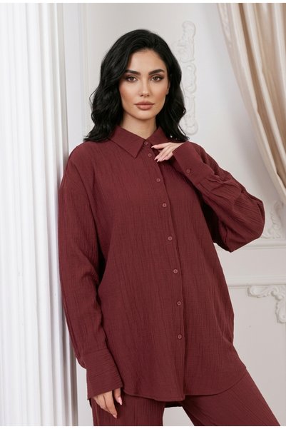 Meşe Moda Kadın Bordo Gömlek Pantolon İkili Alt Üst Takım