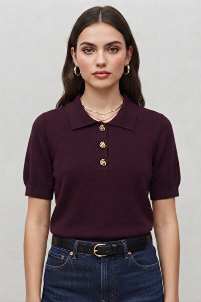 Shopping Shop Rose buttoned short sleeve knit blouse murdum