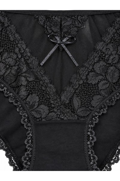 Zena Black High Waist Tulle And Lace Detailed Cotton Plus Size Women's Panties