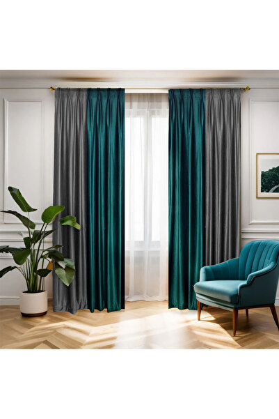 ArasyaHome Βελούδινο Ζεύγος Κουρτινών / Τιρκουάζ με Γκρι