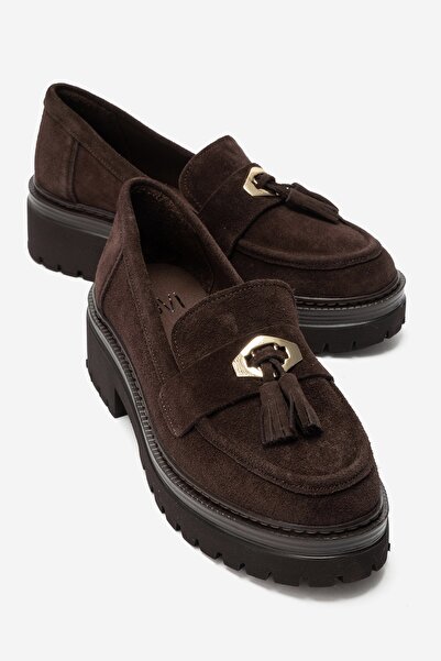 LuviShoes MARSY Kahverengi Süet Hakiki Deri Püsküllü Kadın Loafer Ayakkabı