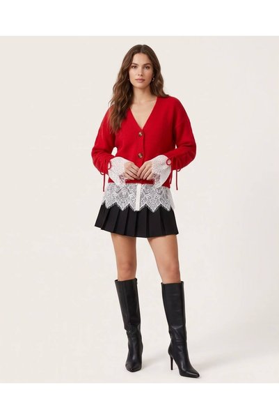 RYVAN Women's Stylish Lace and Ruffle Detailed Knitwear Cardigan