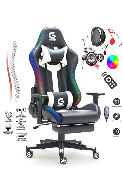 Topscaune Scaun gaming, Masaj in 7 puncte, sistem iluminare bandă LED RGB, bo...