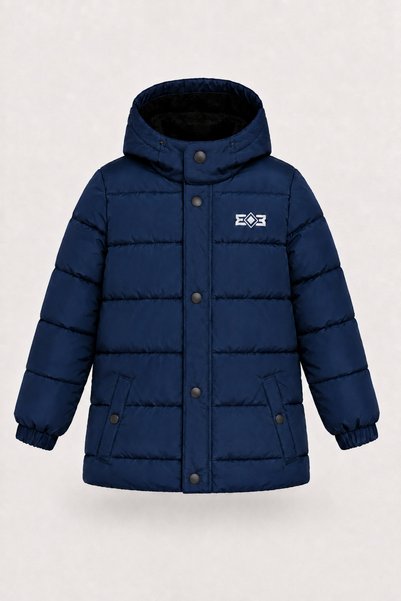EA LİNE Boy's Logo Detailed Hooded Zippered Winter Coat - Navy Blue