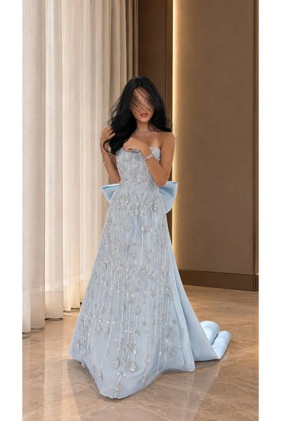 Generic Brand Sky Blue Embroidered Straight Neckline and Back Bow Maxi Evenin...