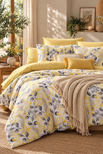 MyStory Home Double Duvet Cover Set with Elasticated Sheets Lemon Yellow