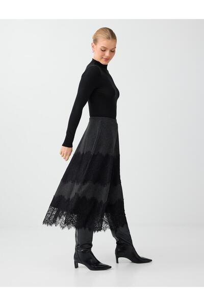 Jimmy Key Dark Anthracite Lace Detailed High Waist Soft Touch Midi Skirt