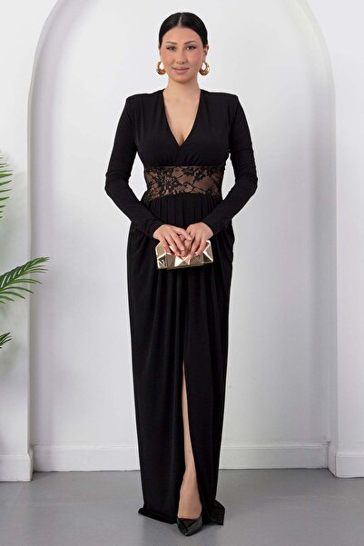 PULLIMM V-Neck Long Sleeve Waist Lace Detail Dress K-262746