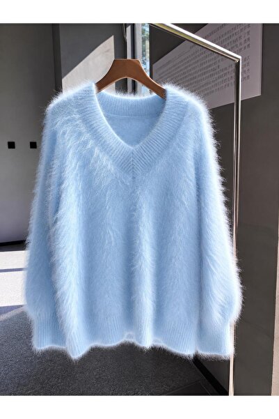 De Pose Kadın Oversize Peluş Yumoş Tüylü V Yaka Basic Triko Kazak