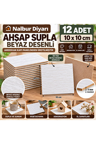 Nalbur Diyarı 10x10 cm Beyaz Desenli Ahşap Supla – 12’li Set