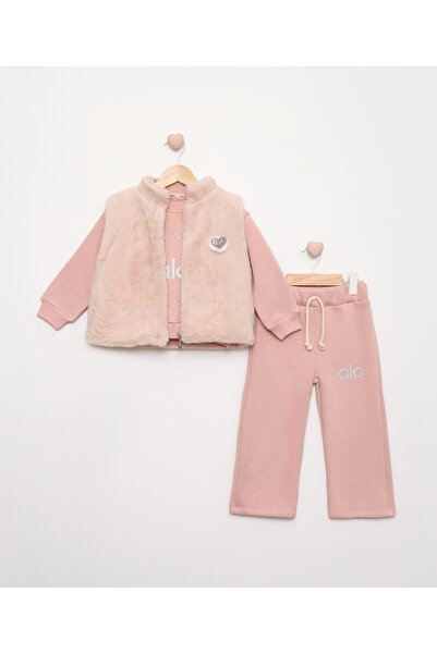 baby flamindo PELUŞ YELEKLİ TAŞ BASKILI 3 İPLİK KIZ ÇOCUK EŞOFMAN TAKIM
