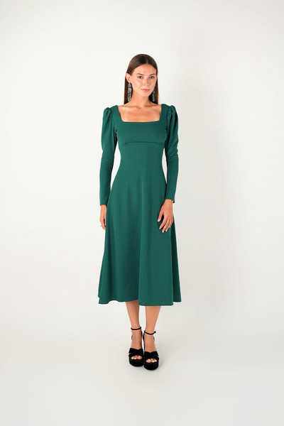 BEYBOS Crepe Fabric Square Collar Midi Dress - Emerald Green