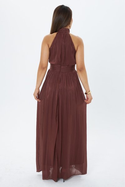 MY GRS Women's Halter Neck Pleated Long Evening Dress