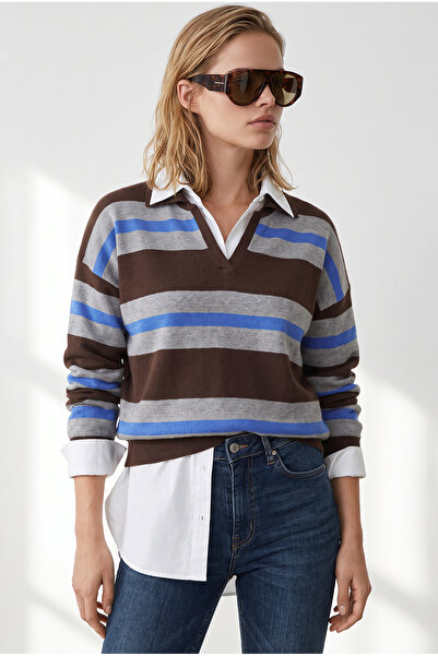 Olalook Women's Brown Gray Polo Collar Soft Textured Knitwear Sweater Kzk-190...