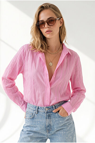 Olalook Women's Pink Geometric Stripe Detailed Flowy Shirt Gml-19001335