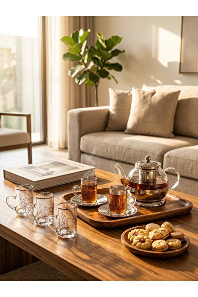 Generic Brand طقم أكواب كاسات شاي زجاج و فناجين قهوة مع صحون تقديم استيل بتصميم أنيق لجلسات الضيافة الراقية فضي/أبيض/شفاف منقوش