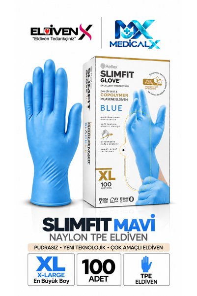 Medicalx Reflex Slim Fit Copolymer Pudrasız Naylon TPE Eldiven Mavi (X-LARGE) - 100 Adet