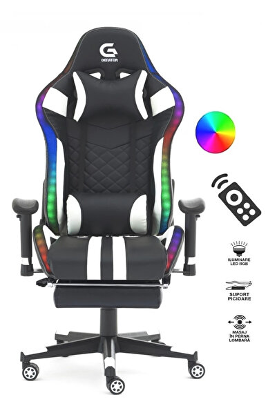 Topscaune Scaun gaming cu sistem iluminare bandă LED RGB, masaj în perna lomb...