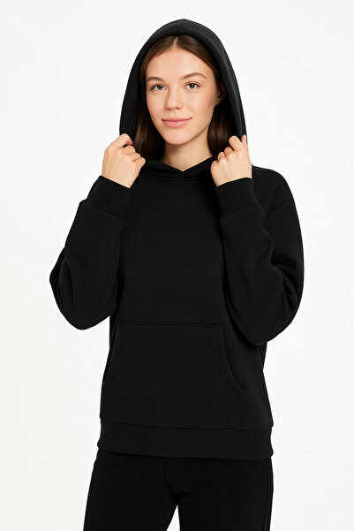 Unisex Siyah Kapşonlu İçi Polarlı Kışlık Sıcak Tutan Sweatshirt
