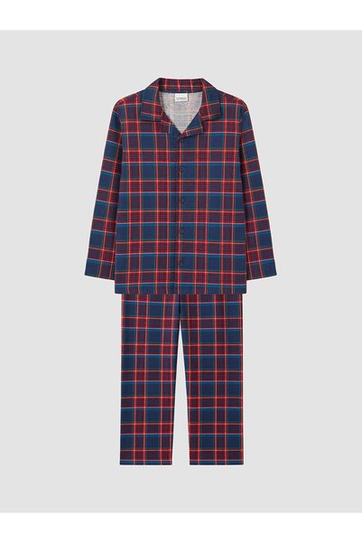 LC Waikiki Özmarka New Season Navy Blue Plaid Boys' Pajama Set