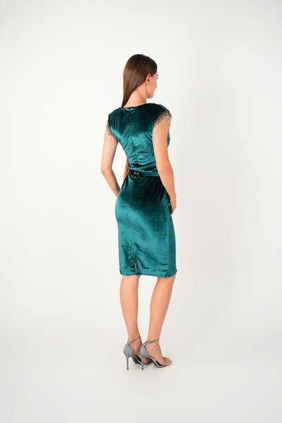 BEYBOS Velvet Fabric Shoulder Tassel Pencil Dress - EMERAL GREEN
