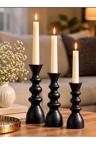 linsa Siyah Ahşap Şamdan 3’lü Set – Kayın Ağacı Modern Dekoratif Uzun Mumluk ...