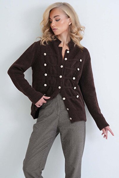 Trend Alaçatı Stili Women's Brown Laced Soft Knitwear Cardigan Alc-X15901