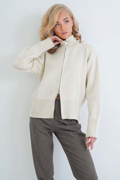 Trend Alaçatı Stili Women's Beige Double Zipper Cardigan Alc-X15900