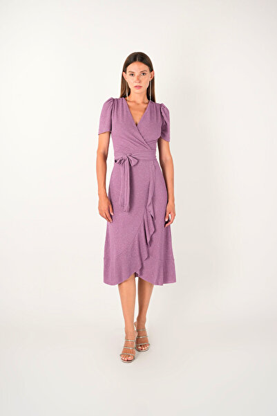 BEYBOS Imported Glitter Fabric Belt Detailed Midiboy Dress - Pudra