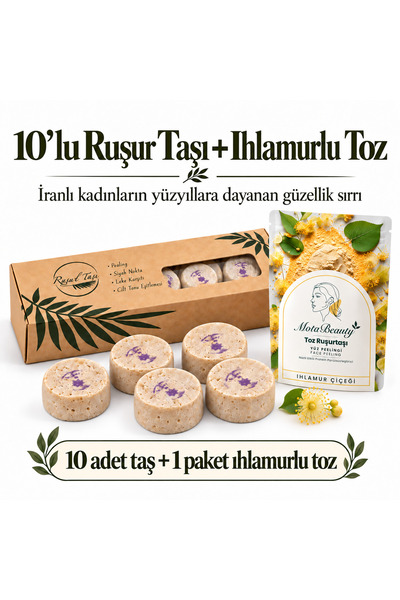 Ruşur Taşı (İran Sefidab) - Doğal Yüz Peelingi - Taş ve Toz Formunda 2'li paket (10 adet taş, Ihlamurlu toz) - Cilt Tonu Eşitleme, Ölü Deri Arındırma, Siyah Nokta Karşıtı