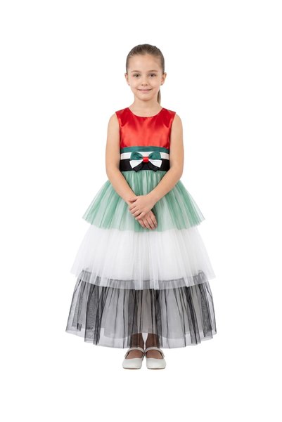 Bidani Girls' UAE National Day Ball Gown with Tricolor Tulle Skirt & Bow Sash