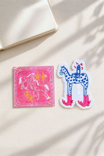 Pembe At 2’li Hologram Efektli Laminasyonlu Sticker Seti, Ajanda Etiketi, Çok Amaçlı Sticker, Su Geçirmez