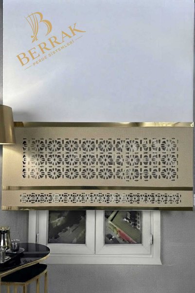 BerrakPerde Luxury Gold çıtalı Kırık Beyaz/Bej Renk Çift sıra Lazer desenli A...