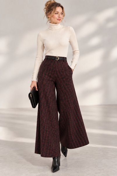 GLOW MUSE Lastikli Kemerli Kaşmir Ekose Pantolon Etek -Bordo