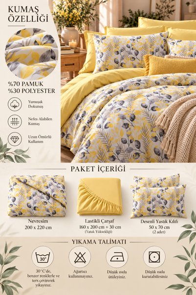 MyStory Home Lastikli Çarşaflı Çift Kişilik Nevresim Takımı Lemon Sarı