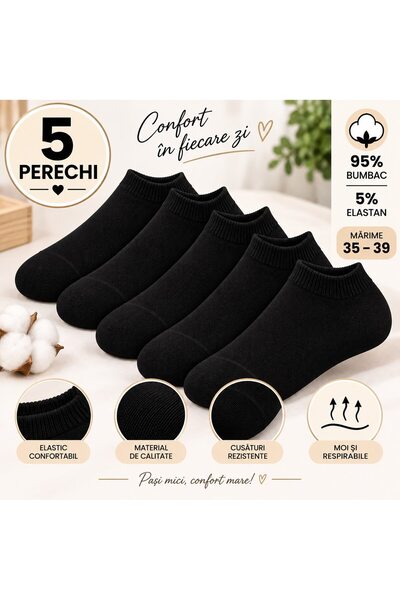 ByBo Set 5 perechi sosete dama scurte, 95% bumbac, Bybo, marimea 35-39, negru