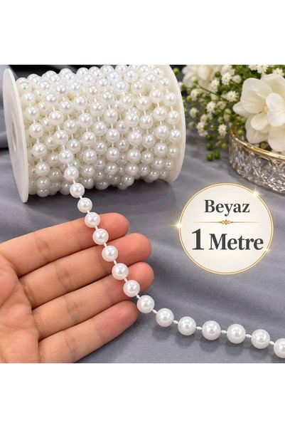 Esteks Dantel ve Tekstil Aksesuarları Beyaz Sabit Tam İnci Şerit 8 mm 1 Metre