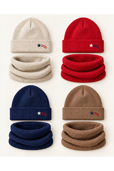 Unisex Çocuk Kaşkorse Bere Boyunluk Takımı 3-12 Yaş Esnek DTF Baskılı 4 Renk