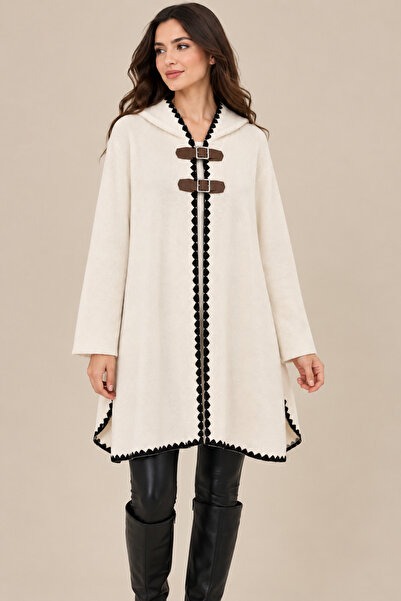 CNR TEKSTİL Cnr Knitwear Women's Hooded Buckle Detailed Long Knit Poncho with...