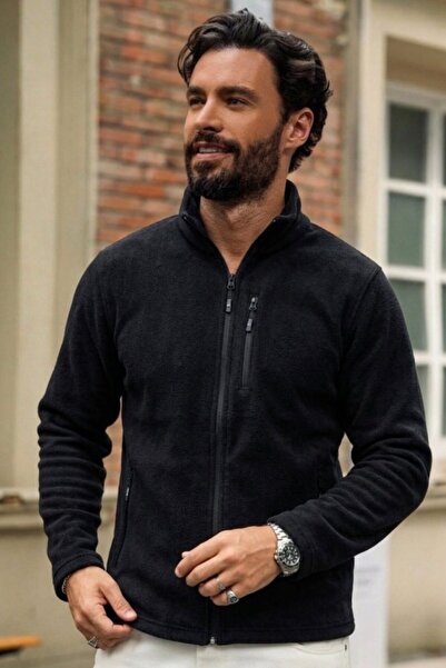 DAMGA JEANS Men's Relax Fit Zippered Textured Black Fleece